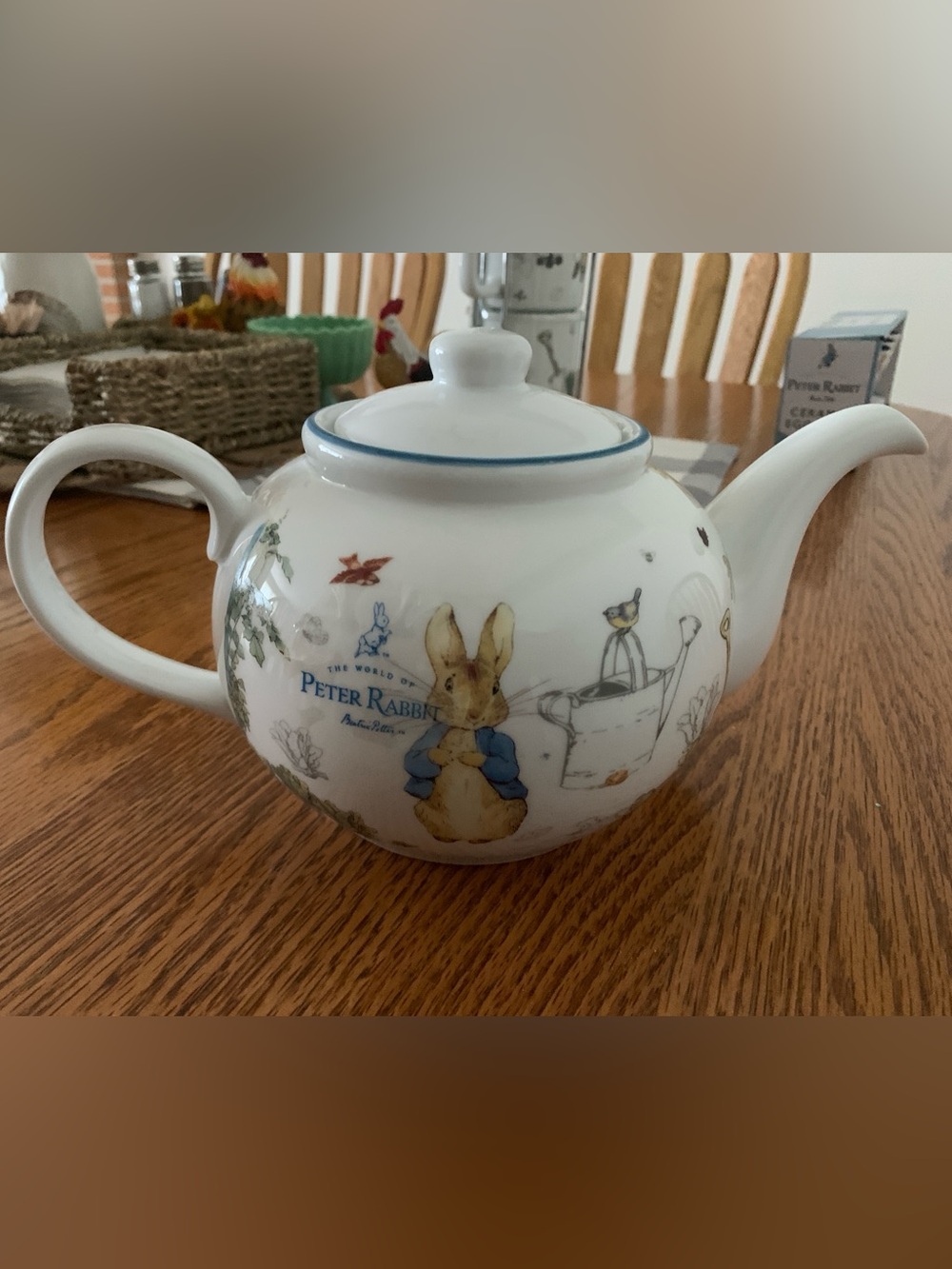 The World of Peter Rabbit Ceramic Teapot - White with Blue Trim